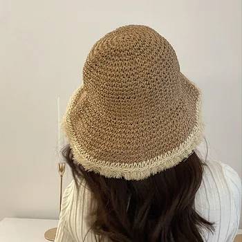 Moteriški Šiaudų Skrybėlės su Didelių Kraštų Vasaros Orui Saulės Kepurės su Kutais, Sulankstomas Saulės Žvejo Paplūdimys Kibirą Skrybėlių Dizaineris Bžūp