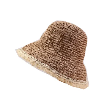 Moteriški Šiaudų Skrybėlės su Didelių Kraštų Vasaros Orui Saulės Kepurės su Kutais, Sulankstomas Saulės Žvejo Paplūdimys Kibirą Skrybėlių Dizaineris Bžūp