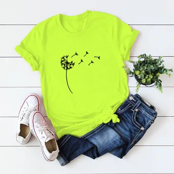 Moterys Vasarą Kiaulpienių Spausdinti marškinėliai Neoninė Žalia Grafinis Įgulos Kaklo Tees Harajuku Ponios Atsitiktinis trumpomis Rankovėmis Viršūnes Pagrindinio Drabužiai