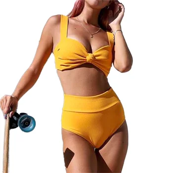 Moterų 2-Piece Bikini Komplektas vientisos Spalvos Dryžuotas Megzti Minkšta Viela-Nemokamai Diržas Liemenėlė Aukšto Juosmens Panty Maudymosi Kostiumą, Plaukimo