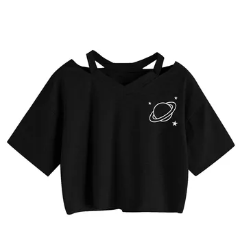 Moterų Atsitiktinis T Shirts Ponios Planetos Spausdinti Bakas ilgomis Rankovėmis Apkarpytos Tee-shirt Femme Vasaros Viršūnes Футболка Camisetas Mujer 2021