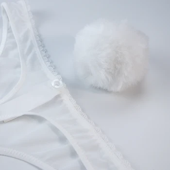 Moterų balti skaidrus nėriniai ultra plona elastinga akių liemenėlė seksualus erotiniai didelis katytė nuimamas uodega 2pieces/set CYHWR