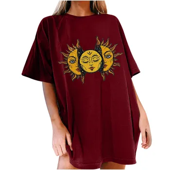 Moterų Derliaus Saulės Ir Mėnulio Spausdintą Modelio Atsitiktinis Marškinėlius Trumpomis Rankovėmis Viršūnes Estetinės Ropa Camisetas Viršuje Moterų Harajuku Marškinėliai #