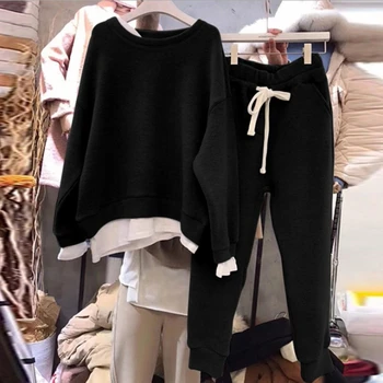 Moterų Du Popieriaus Padalinti Bendrą Laisvas Megztinis Kelnės Dviejų dalių Komplektas Moters Kostiumas Atsitiktinis Tracksuit Hoodies Ir Sweatpants Streetwear