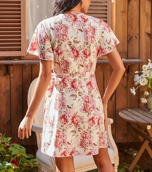 Moterų Elegantiškas Vasaros Spausdinti Suknelė Trumpomis Rankovėmis Gėlių Spausdinti Varčias-Line Wrap Casual Dress Šalies Aukšto Juosmens Lady Vestidos 2021