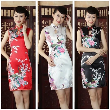 Moterų Kinijos Rankovių Povas Spausdinti Pusėje Išilginio Hem Cheongsam Mini Suknelė moterų suknelė moters suknelė suknelės moterims sijonas