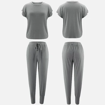 Moterų Kostiumas Loungewear Pajama Komplektai Trumpas Rankovės Raišteliu Mygtuką Ilgos Kelnės Atsitiktinis Nustatyti Moterų 2021 M. Vasarą Lady Minkštas Homewear