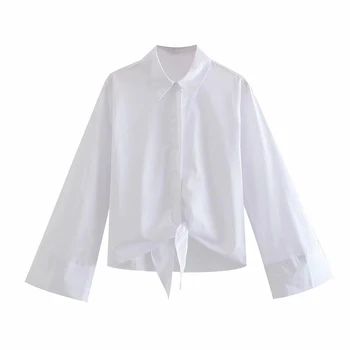 Moterų Mados Balta popelinowy marškinėliai surištomis Moterų medvilnės ilgai manžetai rankovėmis asimetriškas hem mygtuką-iki pritvirtinti marškinėlius viršuje 2021