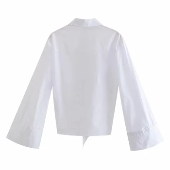 Moterų Mados Balta popelinowy marškinėliai surištomis Moterų medvilnės ilgai manžetai rankovėmis asimetriškas hem mygtuką-iki pritvirtinti marškinėlius viršuje 2021