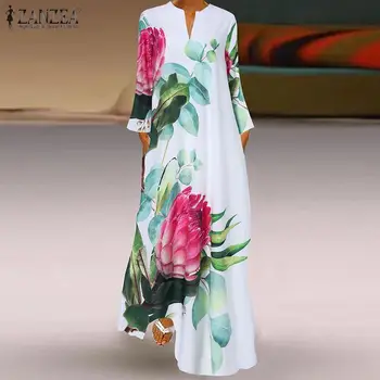 Moterų Mados Bohemijos Printed Dress ZANZEA Atsitiktinis Gėlių ilgomis Rankovėmis Maxi Sundress Derliaus Šventė V Kaklo Vestidos