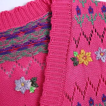 Moterų Mados Vieno krūtinėmis Apkarpytos Megzti Megztinis seksualus Pasėlių Gėlių Megztinis mados v kaklo Viršutiniai drabužiai ilgomis Rankovėmis Chic Viršūnės