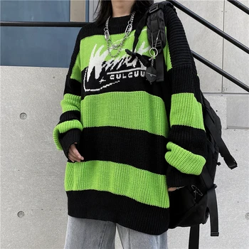 Moterų Megztinis Negabaritinių Juostele Striukė Prarasti ilgomis Rankovėmis Viršūnes Harajuku Puloveris Dropshipping Hip-Hop Streetwear korėjos Drabužių