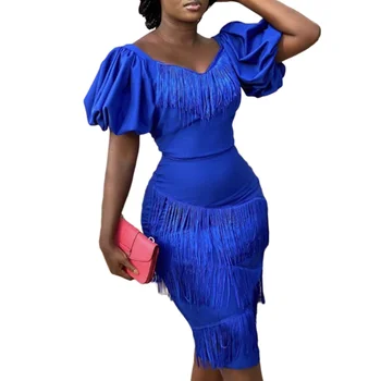 Moterų Mėlyna Šalis Kutas Suknelė Rudens Derliaus Sluoksniuotos Rankovėmis Aukštos Juosmens Vestidos Bodycon Kutais, Chalatai, Plius Dydis Suknelė Afrikos