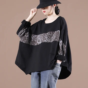 Moterų naują pavasario korėjos stiliaus plius dydis leopardas spausdinti susiuvimo vienos kišenės nereguliarus ilgomis rankovėmis prarasti sweatershirt