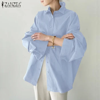 Moterų Nereguliarus Palaidinė ZANZEA 2021 Elegantiškas, Kietas Marškinėliai ilgomis Rankovėmis Blusas Moterų Mygtuką Tunika Atsitiktinis Chemise Viršūnės