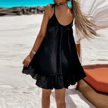 Moterų Off Peties Vasaros Paplūdimio Suknelė 2021 M. Pavasarį Backless Spageti Dirželis Mini Suknelė Su Sexy Be Rankovių Raukiniai-Line Šalis Suknelė