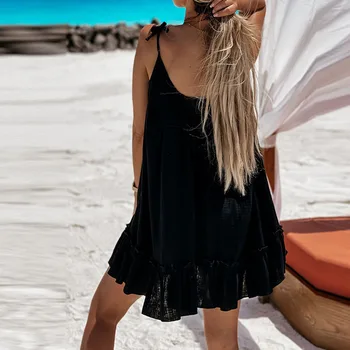 Moterų Off Peties Vasaros Paplūdimio Suknelė 2021 M. Pavasarį Backless Spageti Dirželis Mini Suknelė Su Sexy Be Rankovių Raukiniai-Line Šalis Suknelė