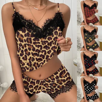 Moterų Pajama Komplektai Vasaros Orui Jaukus Sleepwear Mados Širdies Dot Leopardas Spausdinti Kontrastas Nėrinių Diržas Šortai Nustatyti Pijama Mujer