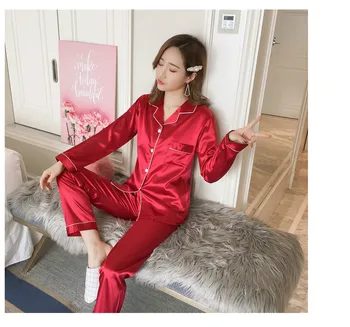 Moterų Pižama Sleepwear 2021 M. Vasarą ilgomis Rankovėmis Mujer Pijamas Seksualus naktiniai drabužiai 2VNT Šilko Satino Pižamos Rinkiniai Moteris Plus Size 5XL