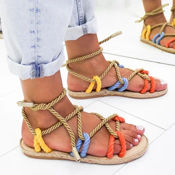Moterų Sandalai 2020 Metų Vasaros Mados Batus Moteris Butas Sandalai Kanapių Virvė Nėrinių Gladiatorių Sandalai neslidus Paplūdimio Chaussures Femme