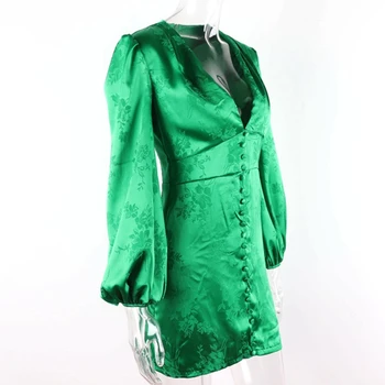 Moterų Satino Suknelės, Žalia Giliai V Kaklo formos dugną Žibintų Rankovės Mini Suknelė Seksualus Moteriška Šalis Suknelės Klubo Rudenį