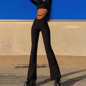 Moterų Sexy Aukšto Juosmens Bodycon Kelnes Juodos Nėrinių Iki 2021 Flare Kelnės Moteriška Šalis Liesas Plati Koja Pants Ladies Streetwear Y2K