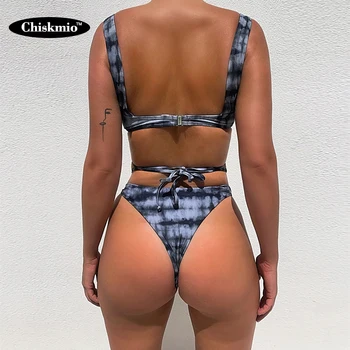Moterų Sexy Tuščiaviduriai Iš Bikini Rinkiniai Aukšto Juosmens Strappy Thong Tamsiai Mėlynos Spalvos Kaklaraištis Dažų Maudymosi Suknelė Plati Pečių Diržo Backless Bakas Kostiumas