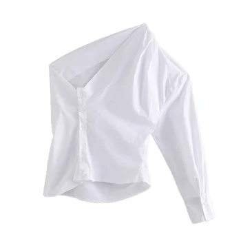 Moterų Sexy vieną petį balta palaidinė pažeidimas ilgomis rankovėmis trumpą stiliaus moteris 2021 atsitiktinis marškinėliai stilingas viršūnes blusas