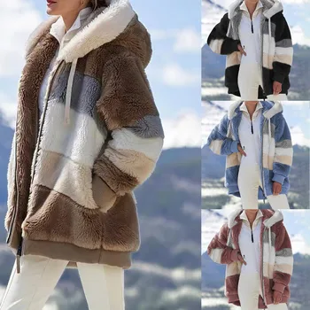 Moterų Žiemos Paltai Mados moterų striukė moteris Atsitiktinis šiltas Susiuvimo Pledas Ponios Drabužiai Gobtuvu Užtrauktuku moterų Kailio drabužiai #W