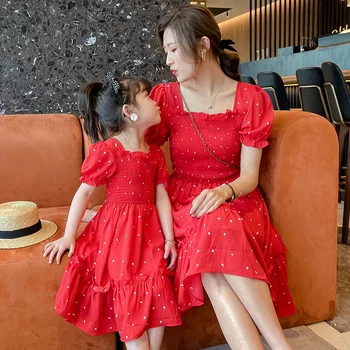 Motina Ir Dukra Dress Banga Taško Raudonos Nėrinių Iškirpte Aikštėje Apykaklės Sujungimas Cupcake Suknelės Mergina Vaikų Drabužiai Mergaitėms
