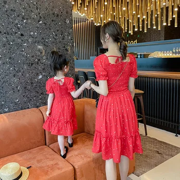 Motina Ir Dukra Dress Banga Taško Raudonos Nėrinių Iškirpte Aikštėje Apykaklės Sujungimas Cupcake Suknelės Mergina Vaikų Drabužiai Mergaitėms