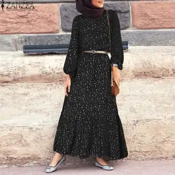 Musulmonų Mados ZANZEA 2021 m. Pavasarį, Rudenį kropkowany Pynimas Kaftan Ilga Suknelė Mados Sluoksniuotos Rankovėmis Viskozė Dubajus Abaja Turkija Hijab