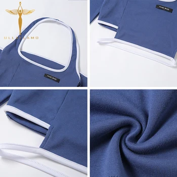 Mėlyna Kratinys Apynasrio Moterų Marškinėliai Off Peties Tuščiaviduriai Seksualus Y2K Pasėlių Viršuje Streetwear Tee-Shirt Aukšto Juosmens ilgomis Rankovėmis Viršūnes