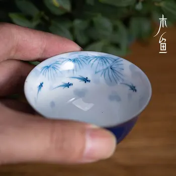 Mėlyna Ranka-Dažytos Žuvų Žaidimas Keramikos Teacup Jingdezhen Asmens Taurės Underglaze Kung Fu Jin Junmei Žalia Teacup Teaware