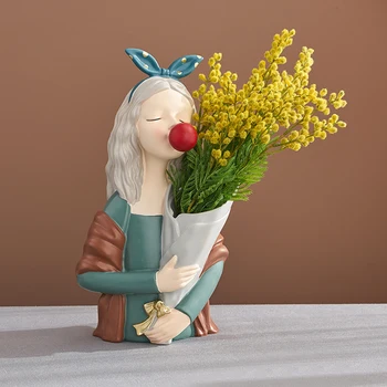 Namo Apdaila Skulptūra 3D Gana Mergina, Gėlės, Vazos, Stalo Dekoras Statula Šiuolaikinės Šiaurės šalių Kambarį Dekoratyvinės Statulėlės Miniatiūriniai