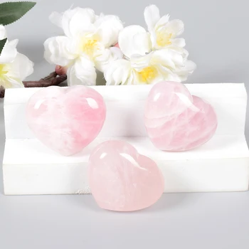 Natūralus Rožių Kvarco Širdelės Formos Crystal Palm Akmens Raižyti Meilės Gydymo Brangakmenių amatų Vestuvių Dekoro mini ornamentu