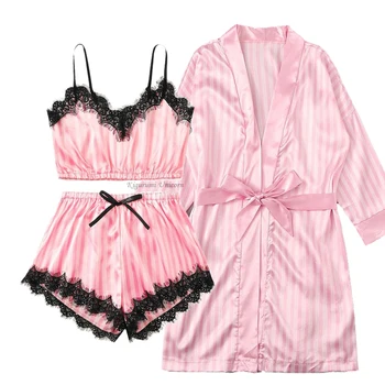 Naujas 3 Gabalus Moterų Pižama Rinkiniai Dirbtiniais Šilko Pižama Sleepwear Rinkiniai, Elegantiškas, Seksualus Nėriniai Mados Atsitiktinis Namų Drabužius, Naktiniai Drabužiai