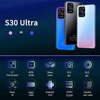 Naujas Galxy S30 Ultra 7.7 Colių 5G Mobilephone HD, Didelis Ekranas Octa Core 12 512 GB Face ID Atrakinti Andorid 10 išmaniųjų telefonų Pasaulinė Versija