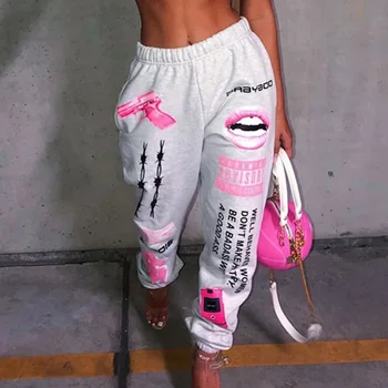 Naujas Grafinis Hip-Hop Kelnes Streetwear Moterų Sweatpants 2021 M. Vasaros Atsitiktinis Poilsiu Kelnės Moteriška Aukštos Juosmens, Palaidi Apačioje Kelnės