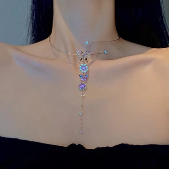 Naujas Korėjos Elegantiškas Metalo Turas Grandinės Choker Papuošalai Moterų, Mergaičių Mada Violetinė Crystal Butterfly Karoliai