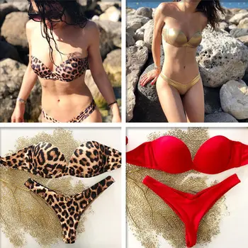 Naujas Mados Moterų Leopard Paminkštintas Bikini Liemenėlė Nustatyti maudymosi kostiumėlį Ponios Tvarstis, Push-up Trikampis maudymosi Kostiumėliai, Dviejų dalių Kostiumai, Vasaros, Nauja
