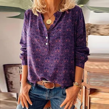 Naujas Moterų Mygtuką V-kaklo Marškinėliai Retro Spausdinimo ilgomis rankovėmis Megztinis Elegantiškas Ponios Pavasarį, Rudenį Atsitiktinis Trišakiai Plius Dydis 5XL