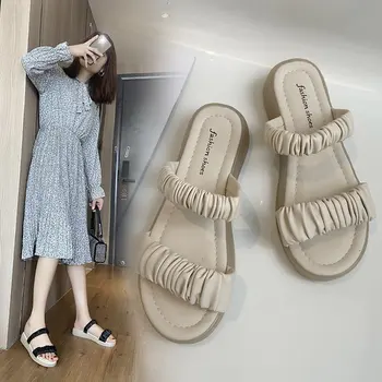 Naujas plokščiadugnis šlepetės moterims vasarą nešioti 2021 naujas ins banga studentams, paprastų moterų sandalai ir šlepetės X782