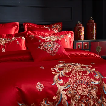 Naujas Prabangus Raudona Vestuvių Stiliaus Aukso Royal Siuvinėjimas Medvilnės Patalynės Komplektas Antklode Padengti paklode Patalynė Lovatiesė pagalvių Užvalkalai