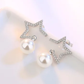 Naujas sidabro spalvos Ausų Papuošalai Kristalų Cirkonis Star Imitacija Pearl Stud Auskarai Moterims oorbellen brincos