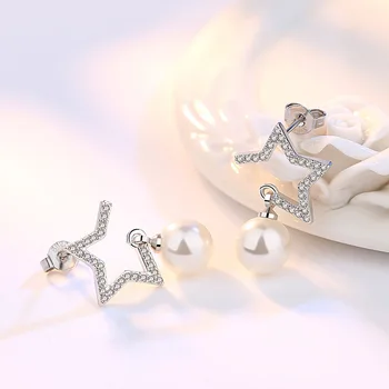 Naujas sidabro spalvos Ausų Papuošalai Kristalų Cirkonis Star Imitacija Pearl Stud Auskarai Moterims oorbellen brincos
