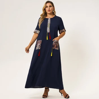 Naujas Summer Maxi Dress Moterų Plius Dydis 2021 Deep Blue Prarasti Kutas Pockects Pusė Rankovės Didelis Aukso Apsiūti Vintange Šalies Rūbeliai
