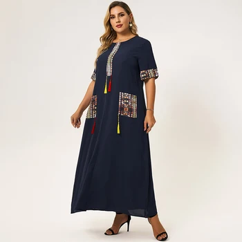 Naujas Summer Maxi Dress Moterų Plius Dydis 2021 Deep Blue Prarasti Kutas Pockects Pusė Rankovės Didelis Aukso Apsiūti Vintange Šalies Rūbeliai