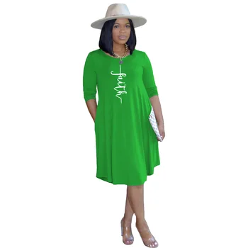 Naujas Tikėjimo Laiškas Spausdinti Suknelės Moterims Kišenėje, O-kaklo Trys Ketvirtį Rankovėmis Suknelė 2021 Moterų Plius Dydis Vasaros, Rudens Dress