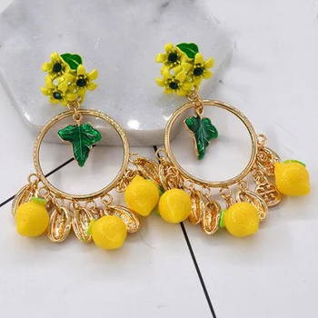 Naujas Vintage kutas Lašas Auskarai Aukso Tabaluoti Gėlių Auskarai Baroko Pareiškimą, geltona citrina, žali lapai Auskarai Papuošalai